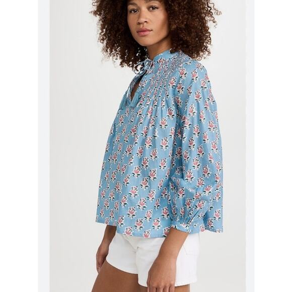 Marea Elizabeth Top Women Small Blue Pink Floral V Neck Long Sleeve Cotton Boho - Picture 1 of 11